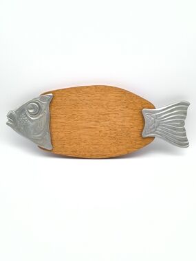 Fish Charcuterie Serving Board/Trivet - Solid Oak & CEF France Metal Handles